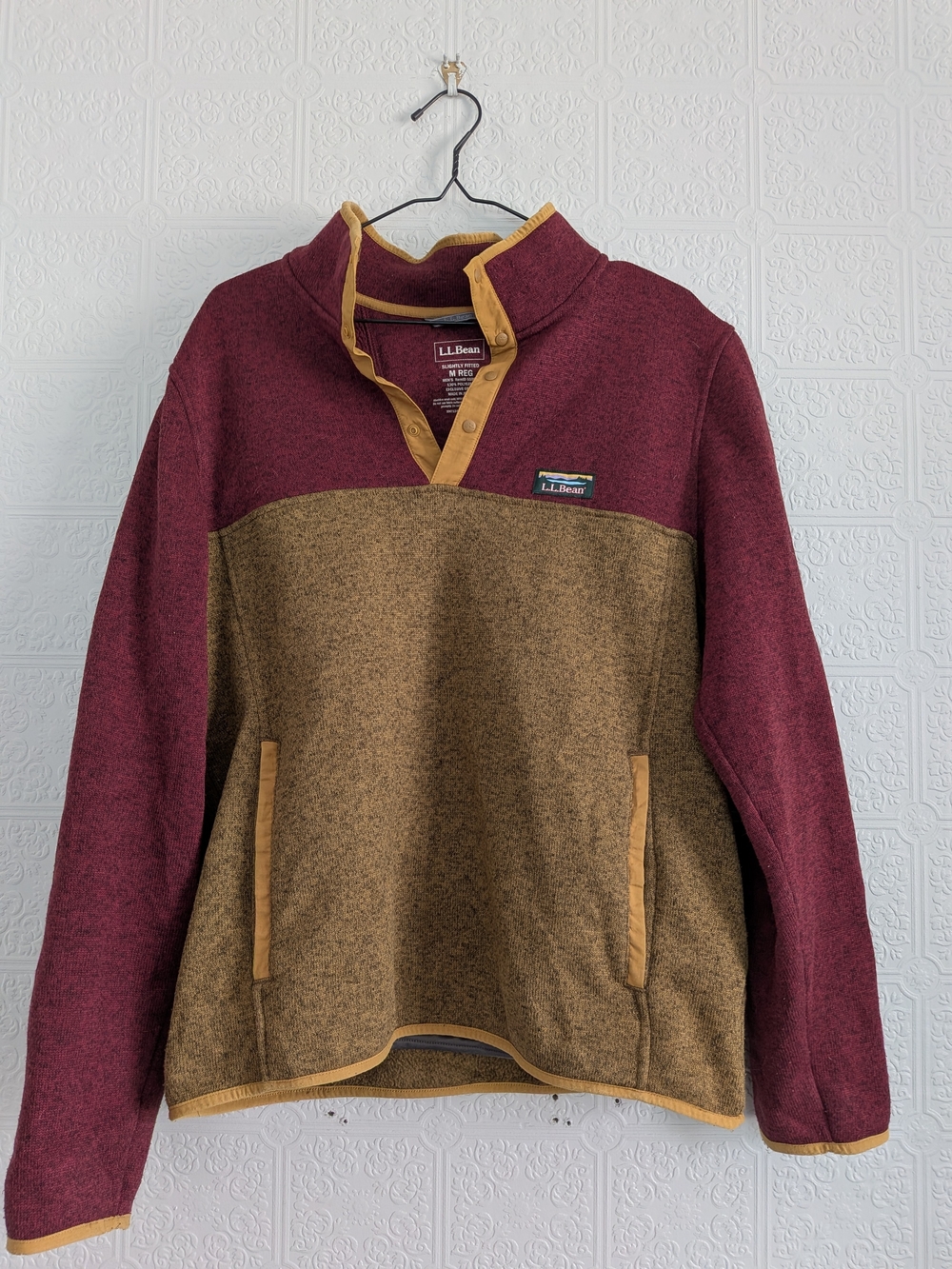 L.L. Bean Two-Tone Zip Pullover in Burgundy & Brown with Tan Trim